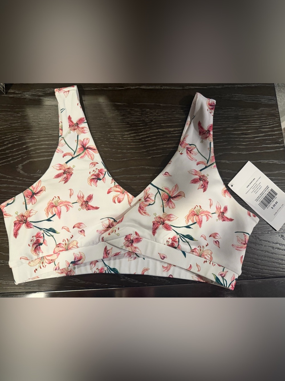 Fabletics White Floral V-Neck Sports bra with Pink Blossom Print